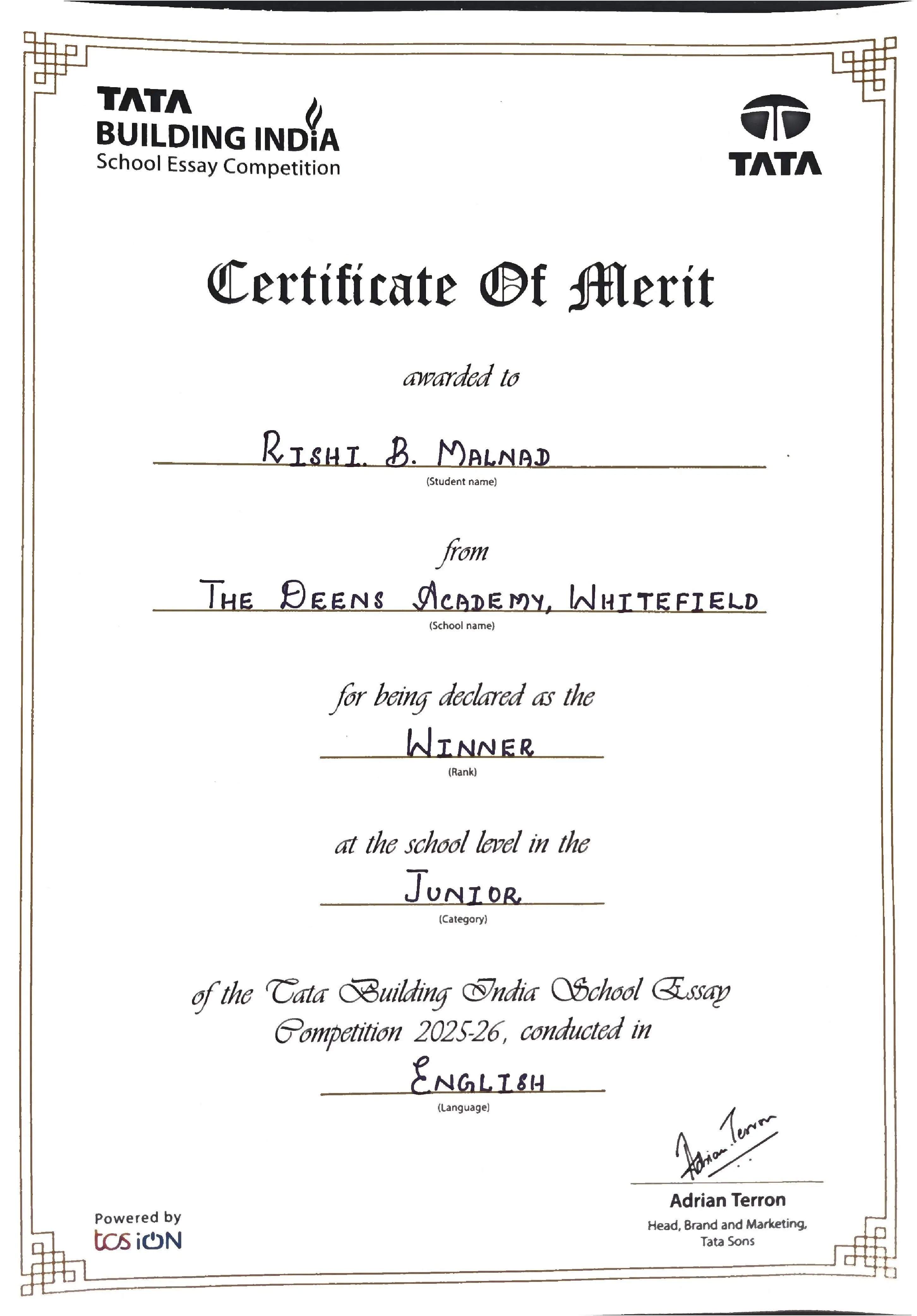 Tata Building India Essay Writing Competition - First Place - Grade 8 (2025/26)